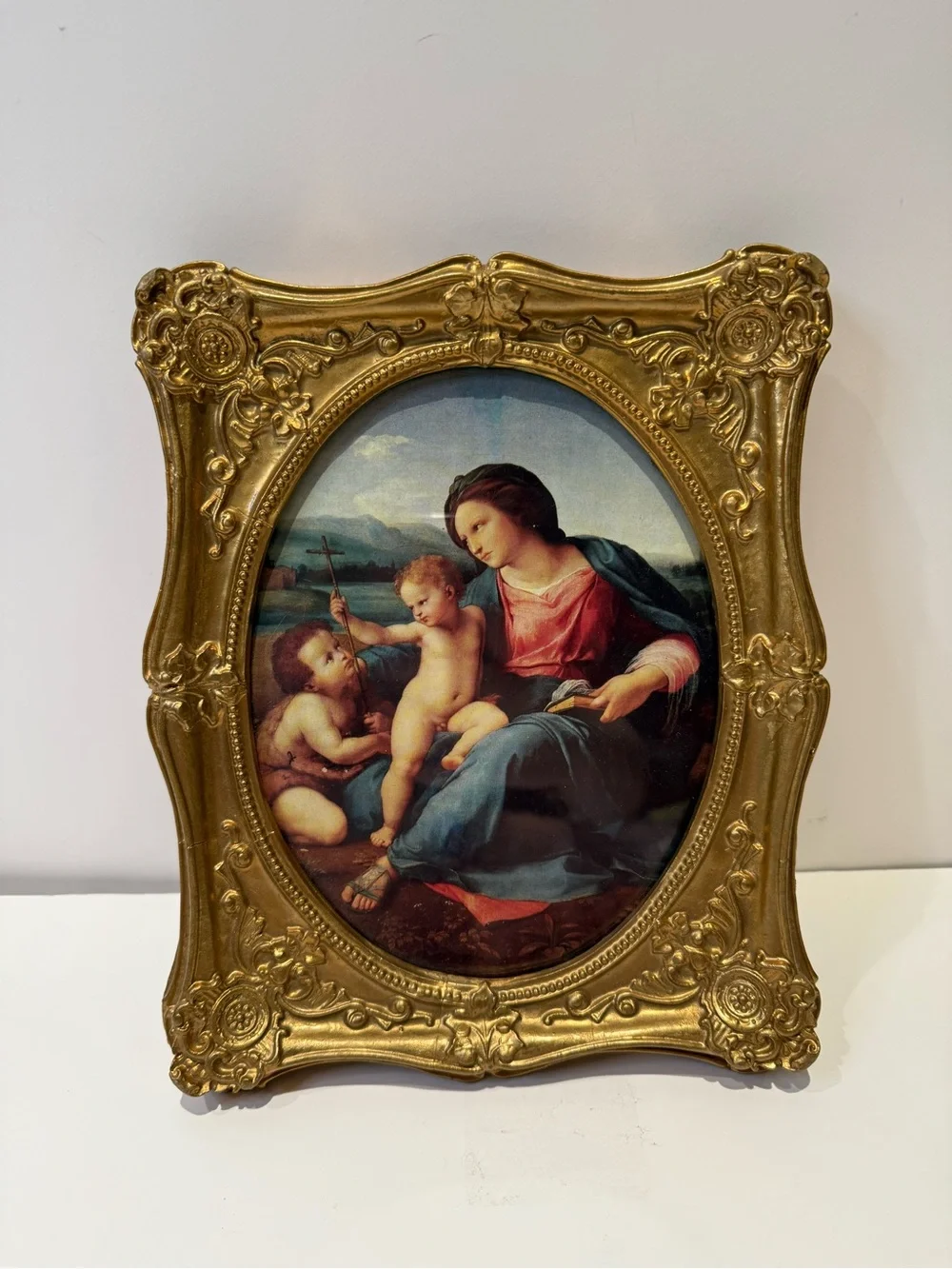 Vintage Print of The Alba Madonna c. 1510 by Raphael Gold Ornate Oval Frame